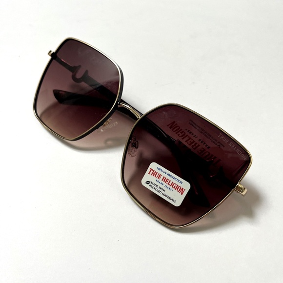 NWT TRUE RELIGION Oversized Square Sunglasses Gradient Brown Tortoise Shell Logo - Picture 2 of 7